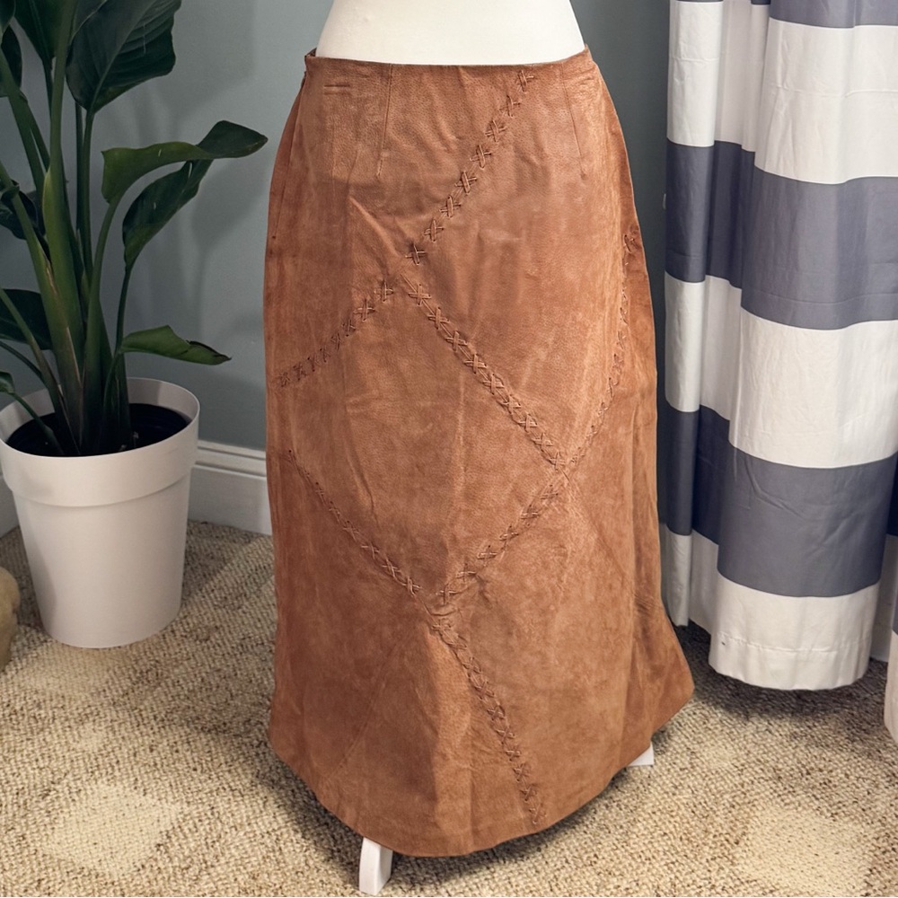 Vintage Y2K Boho Western Leather Patchwork Midi Skirt Size 8 - Picture 4 of 8